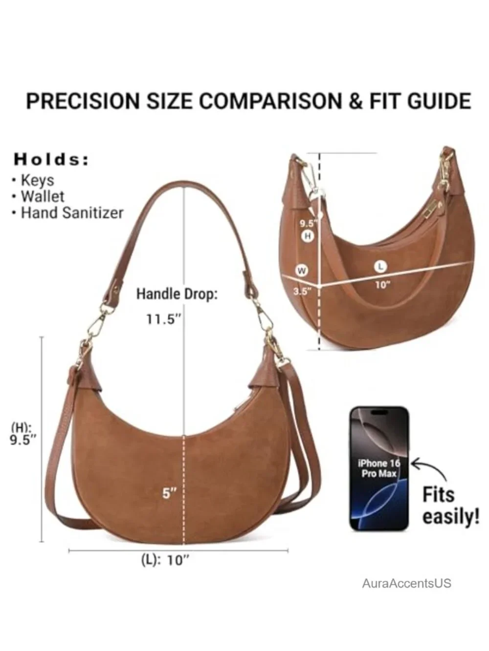 100% Genuine Leather Crescent Hobo Bag Convertible Crossbody Purse